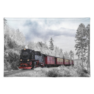 Steam Locomotive Train Traveling Through the Snow Cloth Placemat
