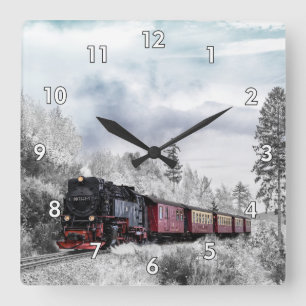 Steam Locomotive Train Traveling Through the Snow Square Wall Clock