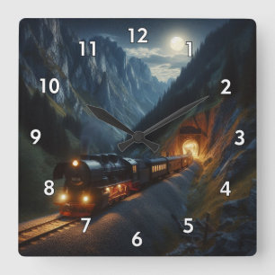 Steam Locomotive Traveling Through the Mountains Square Wall Clock
