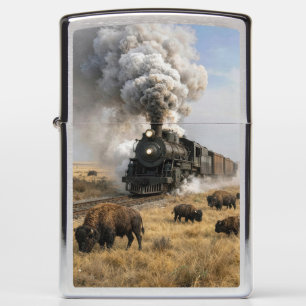 Steam Locomotive with Grazing Buffalo Zippo Lighter