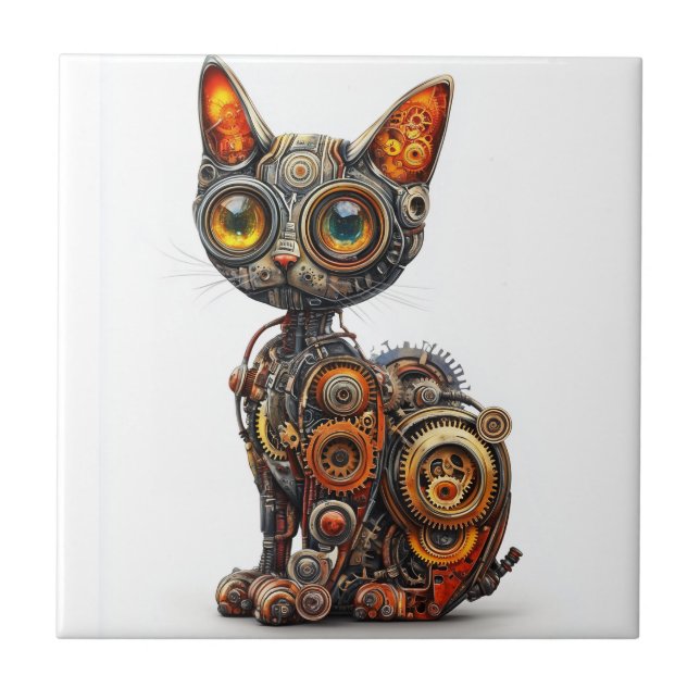 Steam Powered Purr � Steampunk Robot Cat Ceramic Tile (Front)