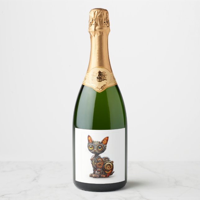 Steam Powered Purr – Steampunk Robot Cat Sparkling Wine Label (Front)