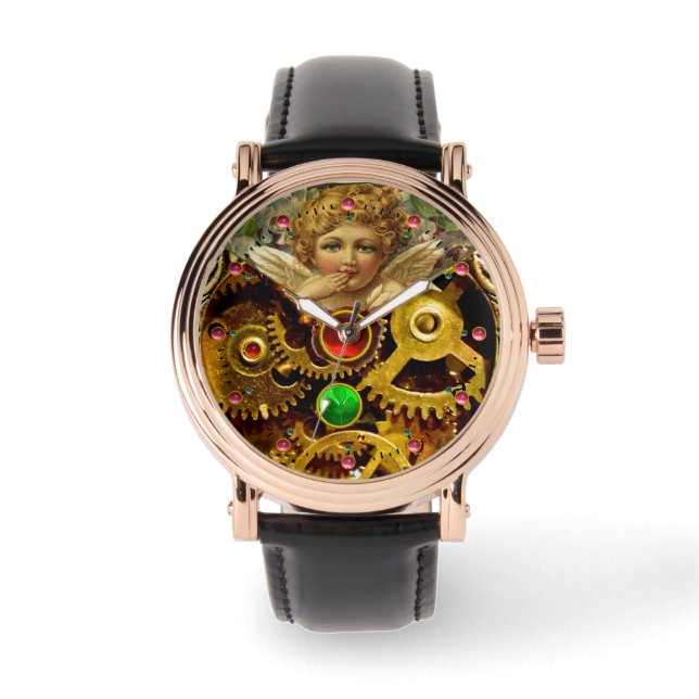 STEAM PUNK ANGEL GEARS ,MECHANISM AND GEMSTONES WATCH (Front)