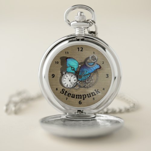 Steam Punk Blue Butterfly Pocket Watch Design