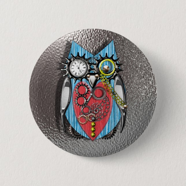 Steam Punk Funny Mechanical Owl  Red Blue Pinback Button (Front)