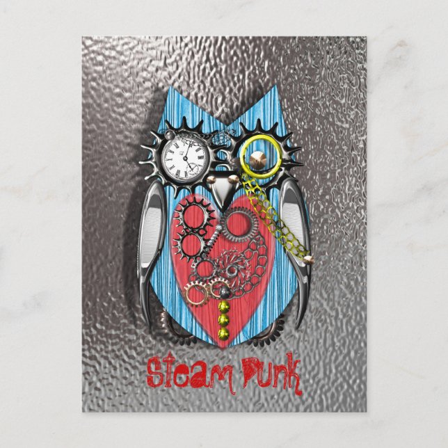 Steam Punk Funny Mechanical Owl  Red Blue Postcard (Front)