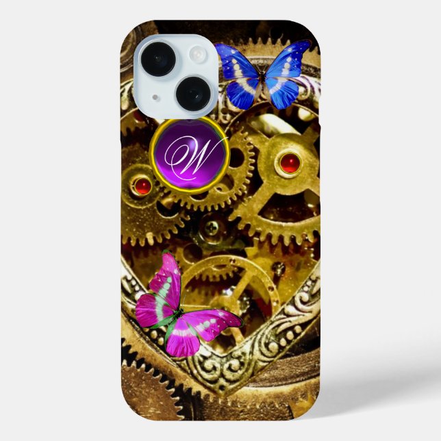 STEAM PUNK GEARS ,GEMSTONES, BUTTERFLIES MONOGRAM Case-Mate iPhone CASE (Back)