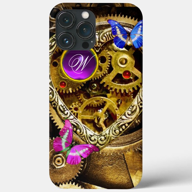 STEAM PUNK GEARS ,GEMSTONES, BUTTERFLIES MONOGRAM Case-Mate iPhone CASE (Back)