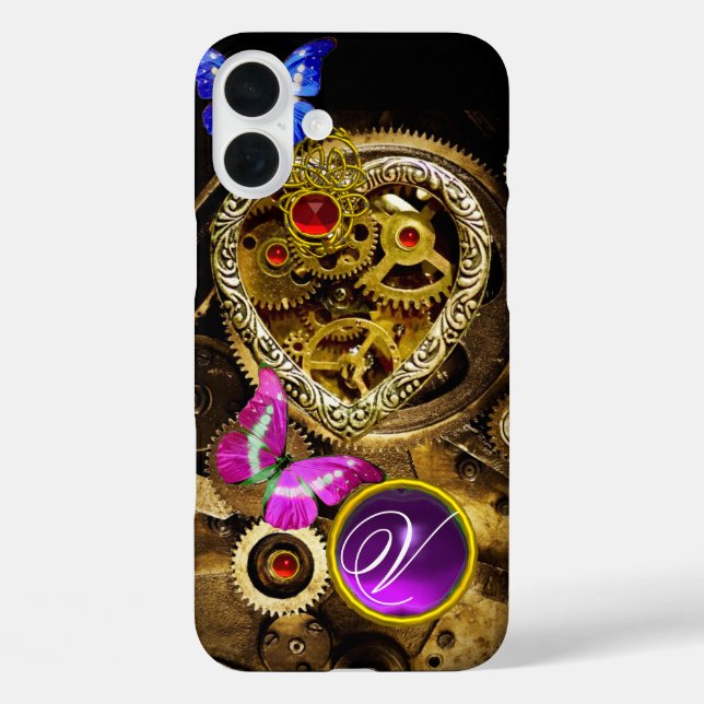 STEAM PUNK HEART,GEARS,GEMS,BUTTERFLIES MONOGRAM Case-Mate iPhone CASE (Back)