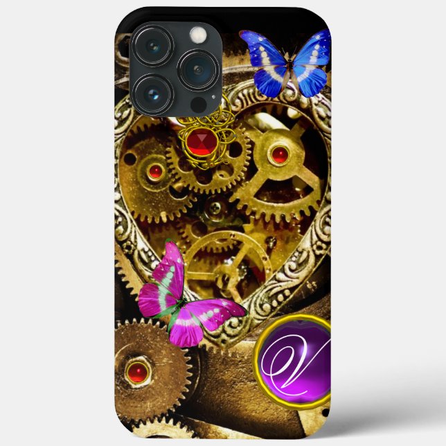 STEAM PUNK HEART,GEARS,GEMS,BUTTERFLIES MONOGRAM Case-Mate iPhone CASE (Back)