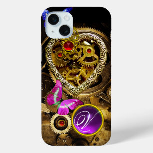 STEAM PUNK HEART,GEARS,GEMS,BUTTERFLIES MONOGRAM iPhone 15 PLUS CASE