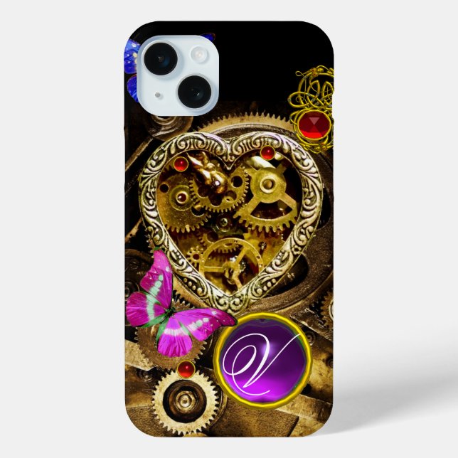 STEAM PUNK HEART,GEARS,GEMS,BUTTERFLIES MONOGRAM Case-Mate iPhone CASE (Back)