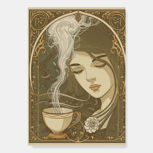 steam swirling from a cup forming a woman's face foam board (Front)