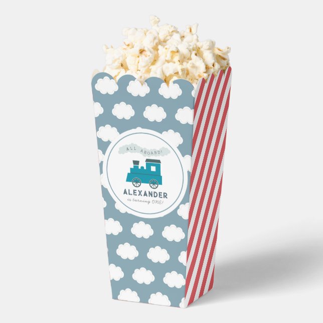 Steam Train All Aboard Blue Boy Birthday Popcorn Favor Boxes (Popped)