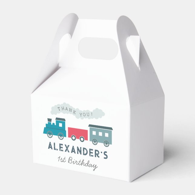 Steam Train Blue Boy Birthday Thank You Favor Boxes (Front Side)