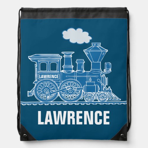Steam train blue on dark blue custom name drawstring bag