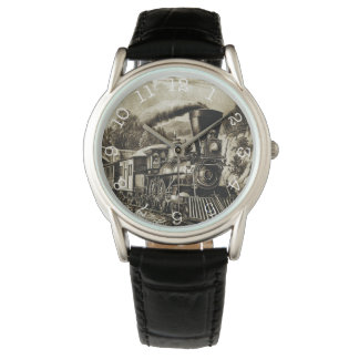 Steam Train- Crown Protector Black Leather Watch