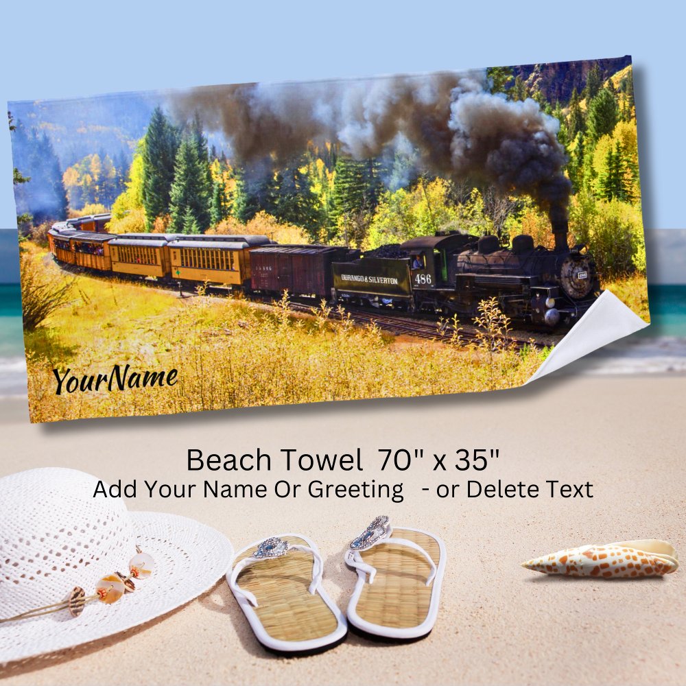 Discover Steam Train Engine Locomotive - Add Your Name - Personalized Beach Towel