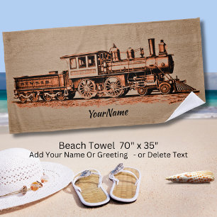 Steam Train Engine Locomotive - Add Your Name - Beach Towel