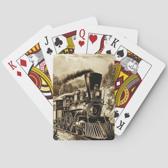 Steam Train Engine Locomotive Railroad Sepia Poker Cards (Back)