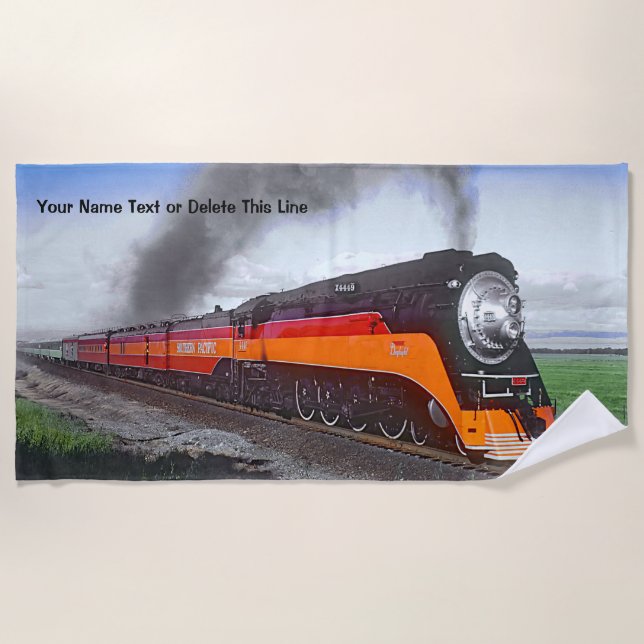 Steam Train Engine Locomotive SP4449 Black Orange  Beach Towel (Front)