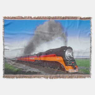 Steam Train Engine Locomotive SP4449 Black Orange Throw Blanket