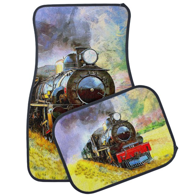 Steam Train Engine Painting Railroad Railway  Car Floor Mat (Set)