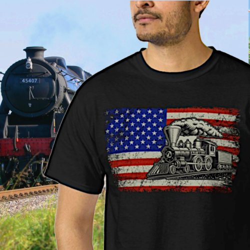 Steam Train Engine Railroad on USA American Flag T_Shirt