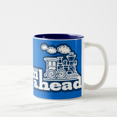 Steam train full steam ahead blue logo mug