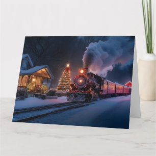 Steam train going through a Christmas town Card
