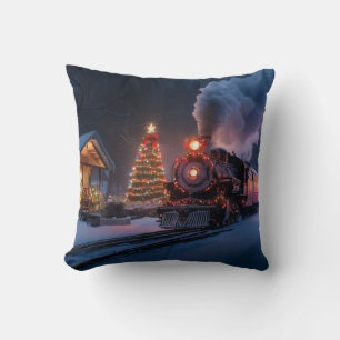 Steam train going through a Christmas town Throw Pillow