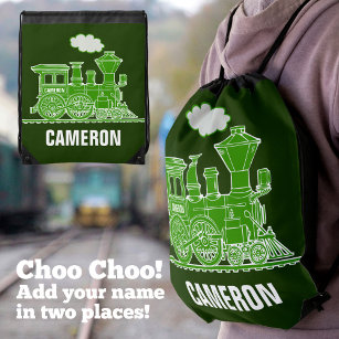 Steam train green on dark green custom name drawstring bag
