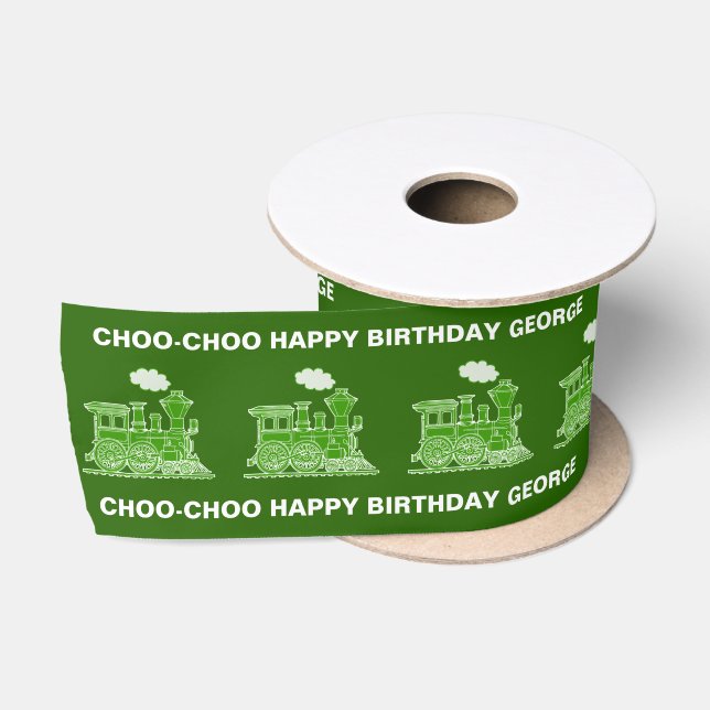 Steam train green railway birthday ribbon (Spool)