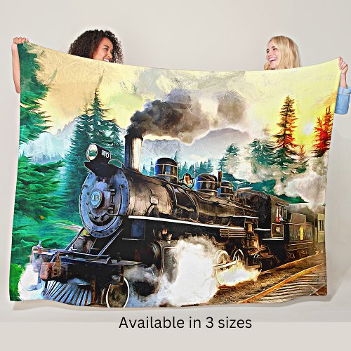 Steam Train in Forest Engine Steam Locomotive   Fleece Blanket