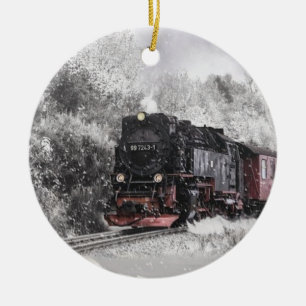 Steam Train in Snow Ceramic Ornament