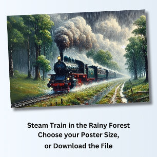 Steam Train in the Rainy Forest, Railroad Poster