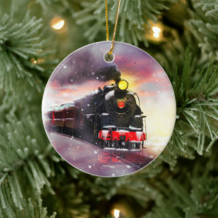 Steam Train in Winter Time Ceramic Ornament