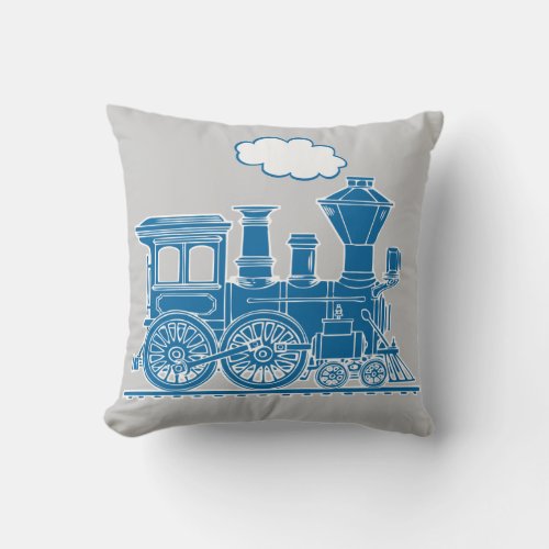 Steam train loco blue grey throw pillow