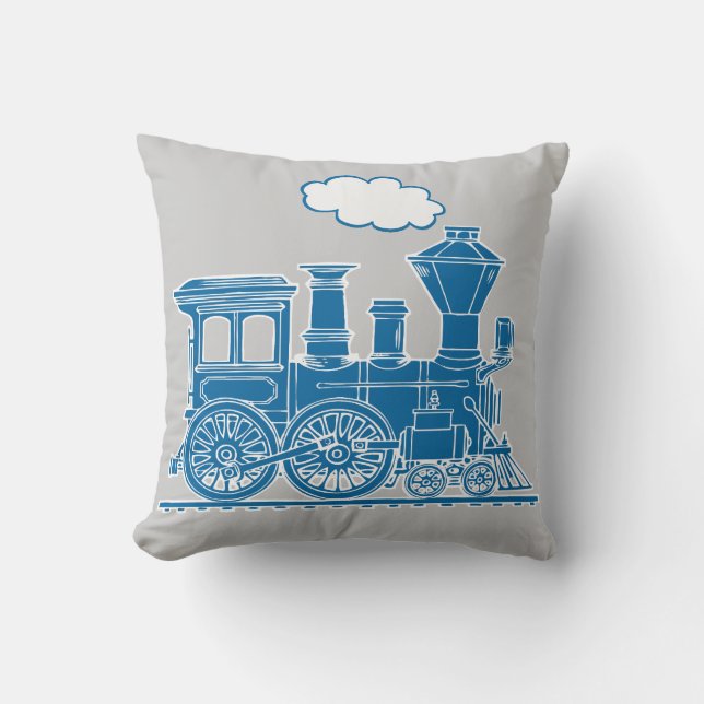 Steam train loco blue grey throw pillow (Front)