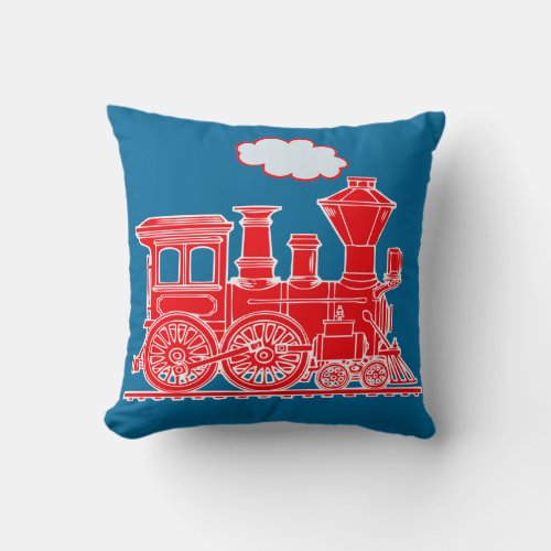 Steam train loco bright red blue throw pillow
