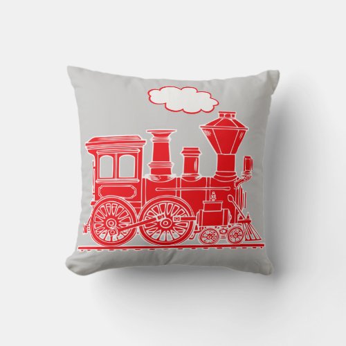 Steam train loco bright red grey throw pillow