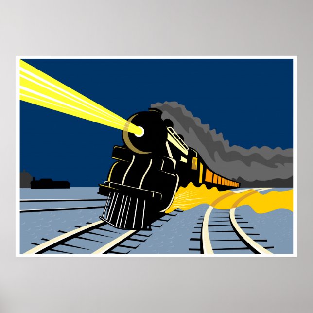 steam train locomotive traveling at night lights poster (Front)