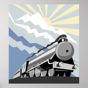 steam train locomotive traveling mountain scene poster