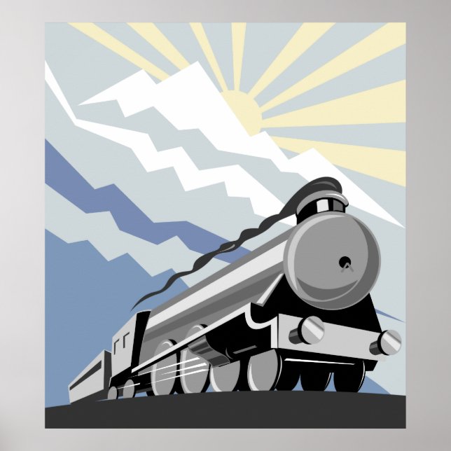 steam train locomotive traveling mountain scene poster (Front)
