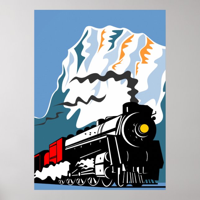 steam train locomotive traveling mountains scene poster (Front)