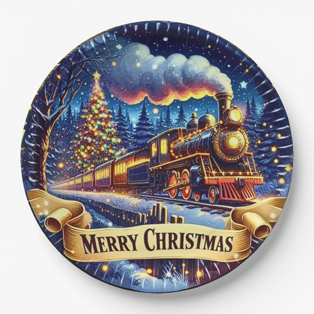 Steam Train Man's Christmas Party Paper Plates (Front)