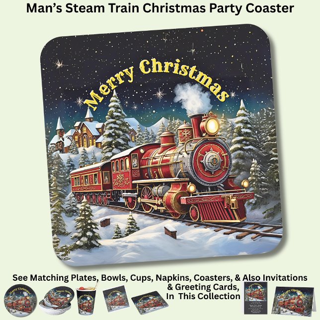 Steam Train Man's Christmas Party  Square Paper Coaster (Creator Uploaded)