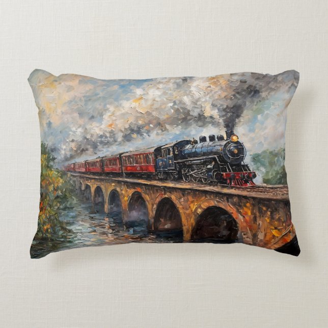 Steam Train on a Bridge - Oil Painting Accent Pillow (Front)