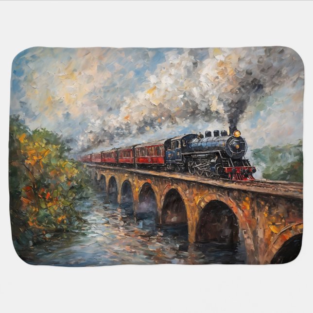 Steam Train on a Bridge - Oil Painting Baby Blanket (Horizontal)