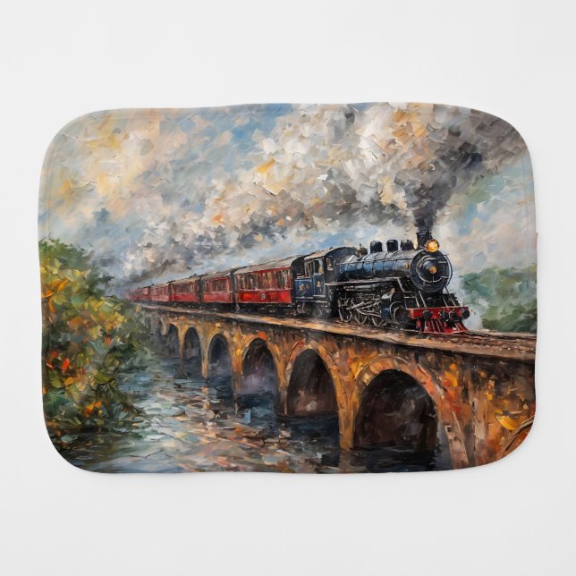 Steam Train on a Bridge - Oil Painting Baby Burp Cloth (Front Horizontal)